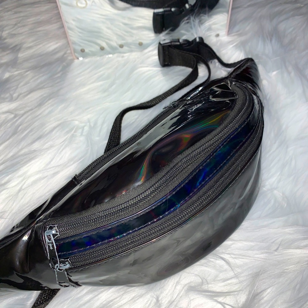3-Zip Black Holographic/ Iridescent Fanny Pack